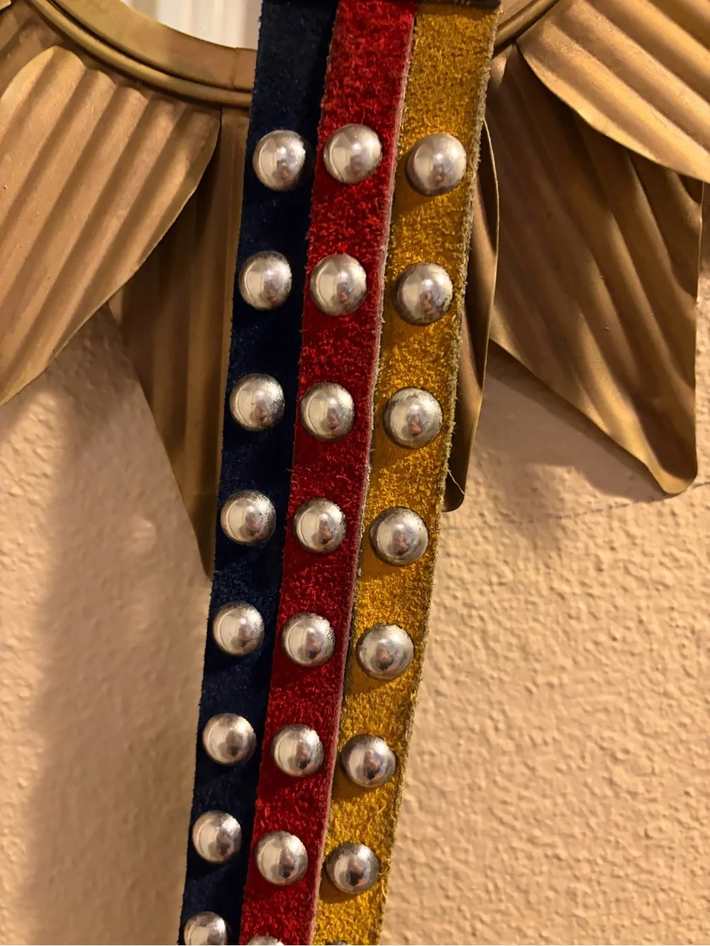 Vera Neumann Vintage 1980’s Leather Three Colors Navy Yellow Red Metal Stud Belt